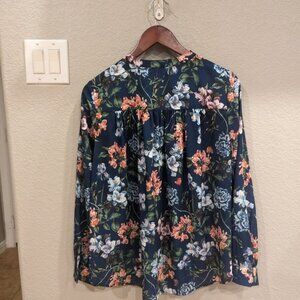 H&M blue floral button up spring summer career button up blouse S